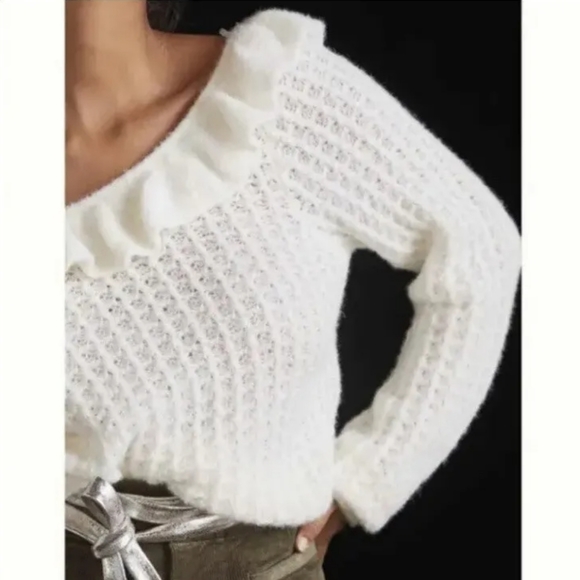 Anthropologie - White Ruffle Boat Neck Knit Sweater- Size M - Picture 2 of 9